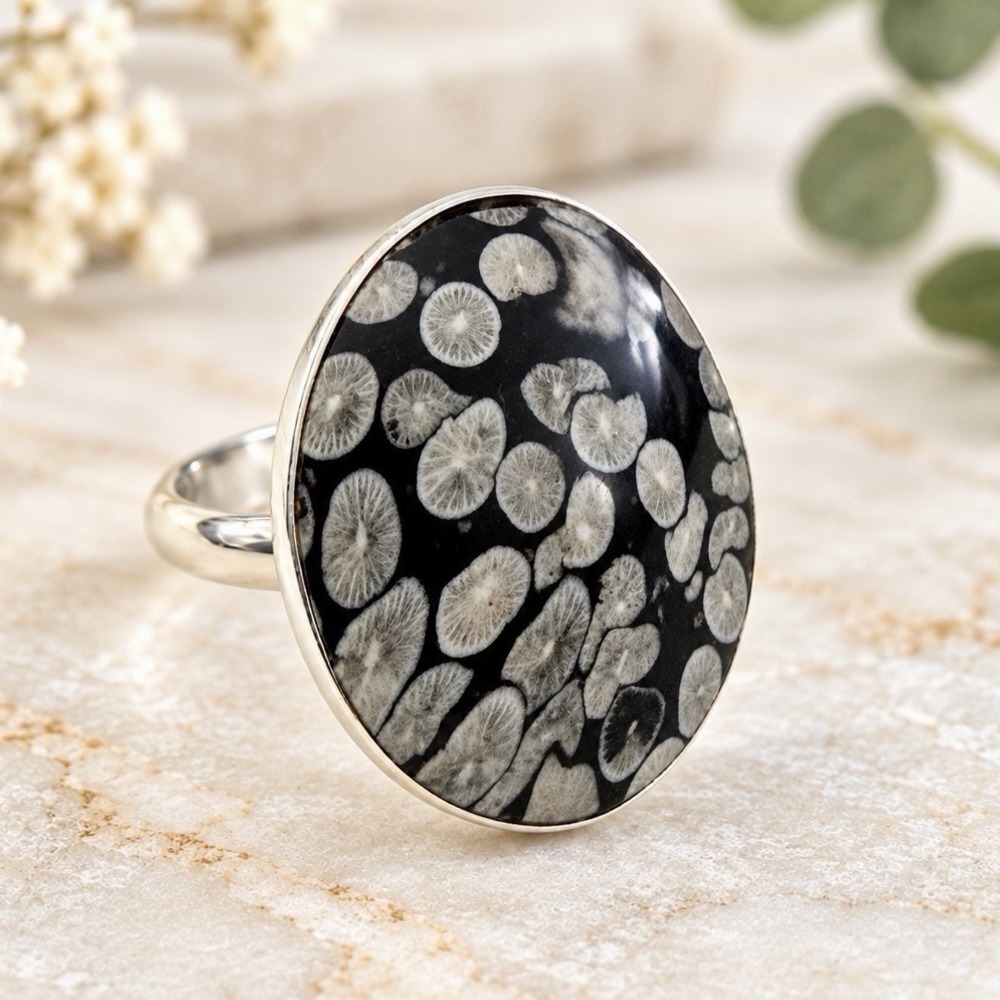 Irish Fossil Marble 925 Sterling Silver Ring Sz 6.75 Black Oval Statement 8.65g